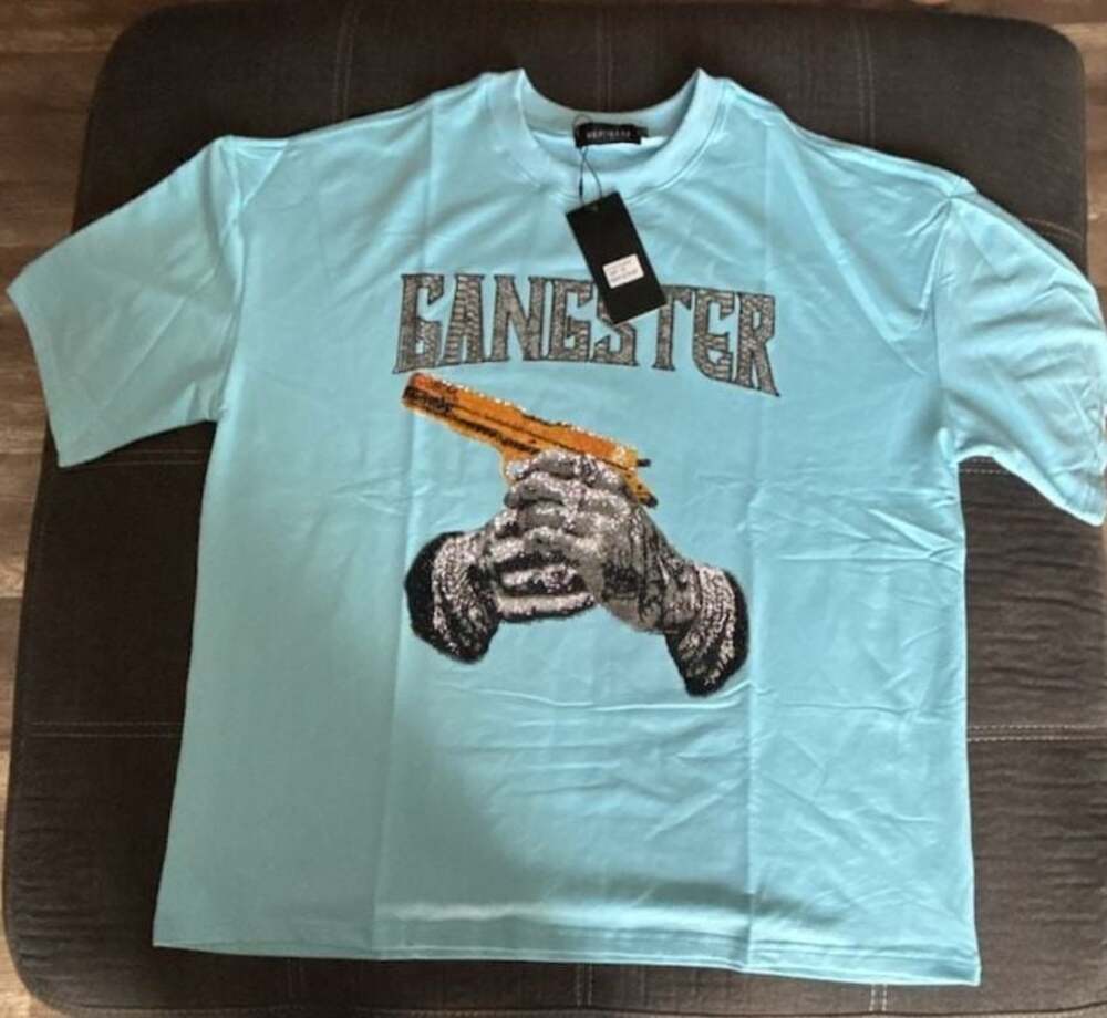Verselli Gangster Graphic Embellished T-Shirt Light Blue